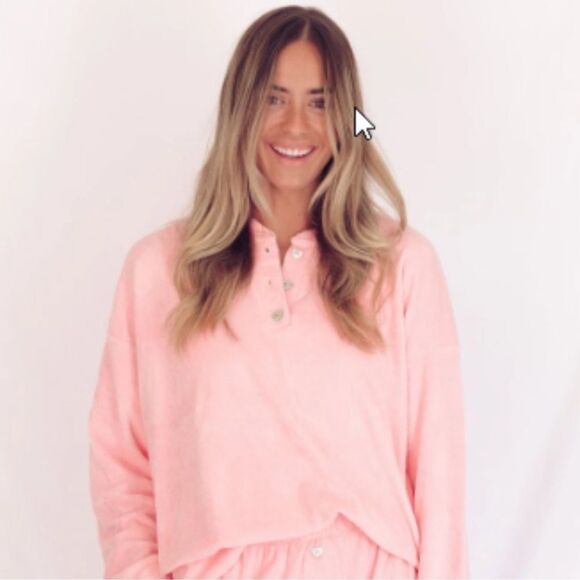 Donni x Stoney Clover Lane Heart Button Sunset Pink Terry Cloth Pullover Sz S - Picture 9 of 9